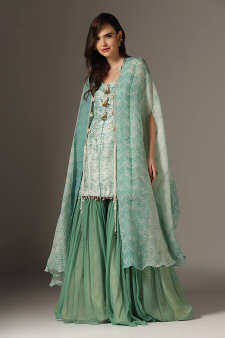 Shop_Yashodhara_Green Organza Embroidered Shibori Cape Open Pattern Kurta Set  _Online_at_Aza_Fashions