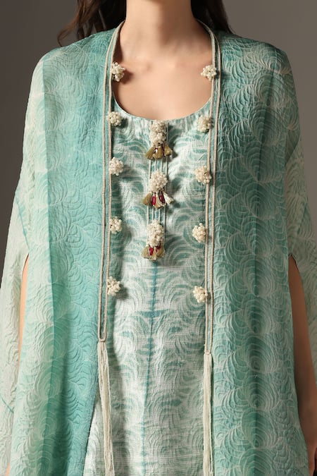 Yashodhara_Green Organza Embroidered Shibori Cape Open Pattern Kurta Set  _at_Aza_Fashions