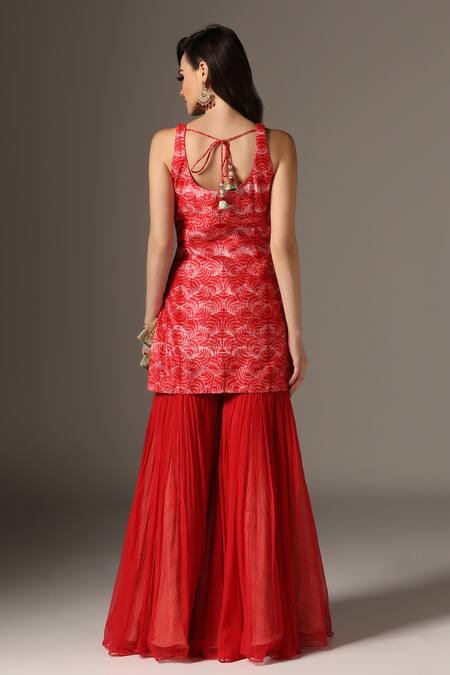 Yashodhara_Red Organza, Chiffon, Silk Sequins, Beads Round Shibori Patterned Cape Kurta Set _Online_at_Aza_Fashions