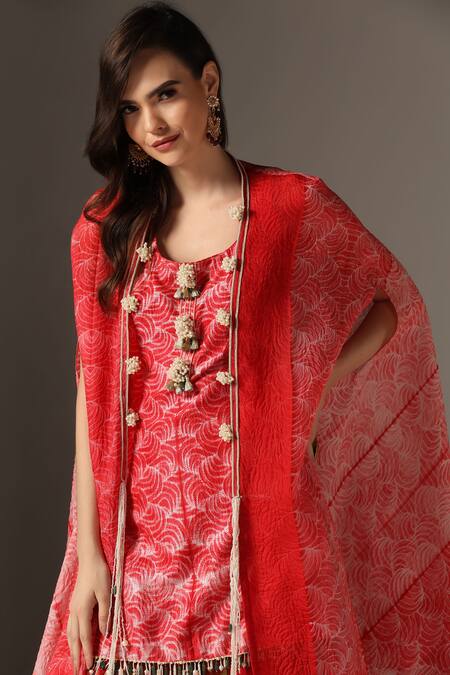 Shop_Yashodhara_Red Organza, Chiffon, Silk Sequins, Beads Round Shibori Patterned Cape Kurta Set _Online_at_Aza_Fashions