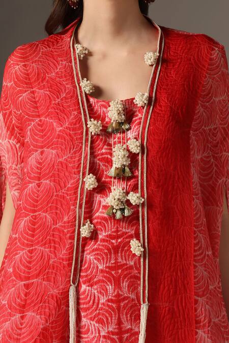 Yashodhara_Red Organza, Chiffon, Silk Sequins, Beads Round Shibori Patterned Cape Kurta Set _at_Aza_Fashions