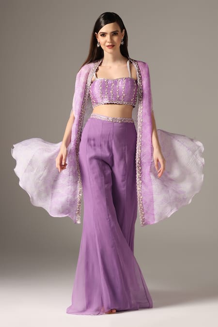 Yashodhara Purple Organza Embroidered Shibori Cape Open Pattern Asymmetric Palazzo Set 