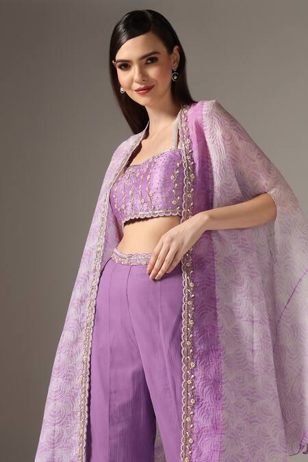 Shop_Yashodhara_Purple Silk, Chiffon Pearls, Sequins Shibori Pattern Asymmetric Cape Palazzo Set _Online_at_Aza_Fashions