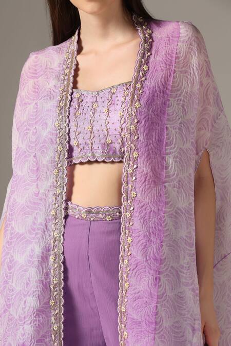 Yashodhara_Purple Silk, Chiffon Pearls, Sequins Shibori Pattern Asymmetric Cape Palazzo Set _at_Aza_Fashions