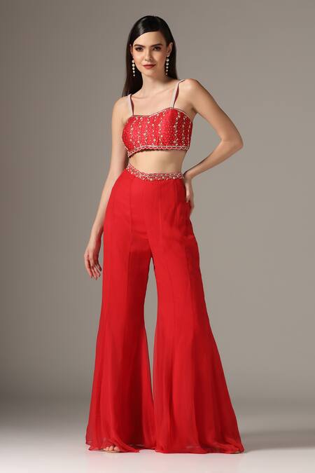 Yashodhara_Red Silk, Chiffon Embroidery, Pearls Shibori Pattern Scalloped Cape Palazzo Set _Online_at_Aza_Fashions