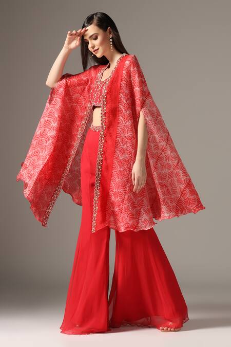 Buy_Yashodhara_Red Silk, Chiffon Embroidery, Pearls Shibori Pattern Scalloped Cape Palazzo Set _Online_at_Aza_Fashions