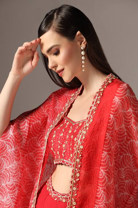 Shop_Yashodhara_Red Silk, Chiffon Embroidery, Pearls Shibori Pattern Scalloped Cape Palazzo Set _Online_at_Aza_Fashions