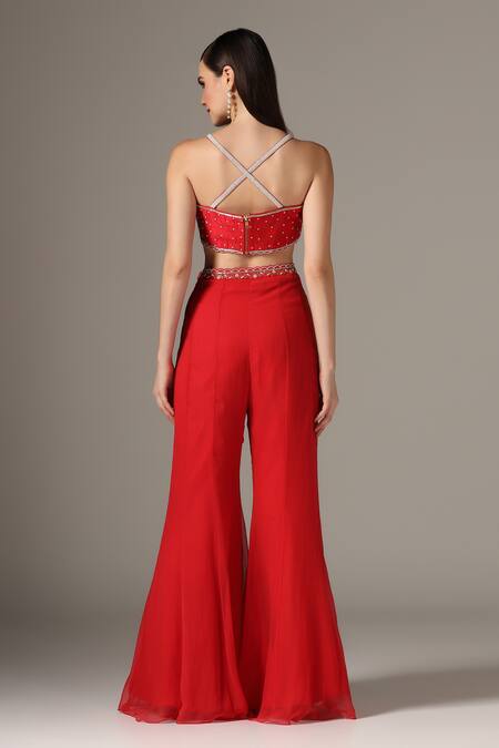 Yashodhara_Red Silk, Chiffon Embroidery, Pearls Shibori Pattern Scalloped Cape Palazzo Set _at_Aza_Fashions