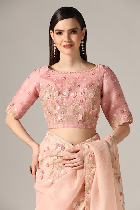 Yashodhara_Pink Organza Embroidery Boat Neck Floral Applique Saree With Blouse _Online_at_Aza_Fashions