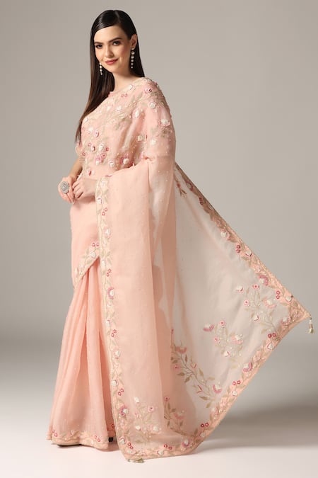 Buy_Yashodhara_Pink Organza Embroidery Boat Neck Floral Applique Saree With Blouse _Online_at_Aza_Fashions