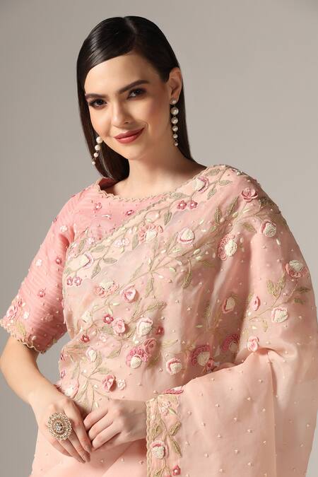 Shop_Yashodhara_Pink Organza Embroidery Boat Neck Floral Applique Saree With Blouse _Online_at_Aza_Fashions