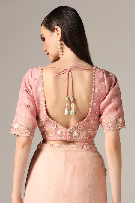 Yashodhara_Pink Organza Embroidery Boat Neck Floral Applique Saree With Blouse _at_Aza_Fashions