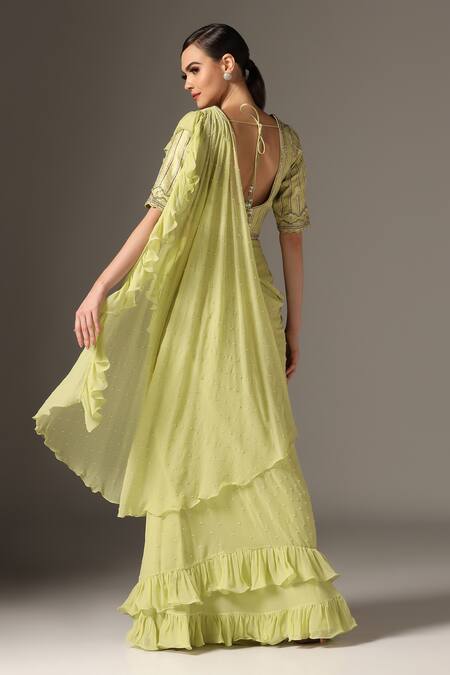 Yashodhara Cutdana Embroidered Pre-Draped Ruffle Saree 