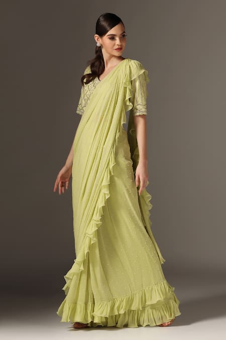 Buy_Yashodhara_Green Chiffon, Silk Cut Work V-neck Cutdana Embroidered Pre-draped Ruffle Saree _Online_at_Aza_Fashions
