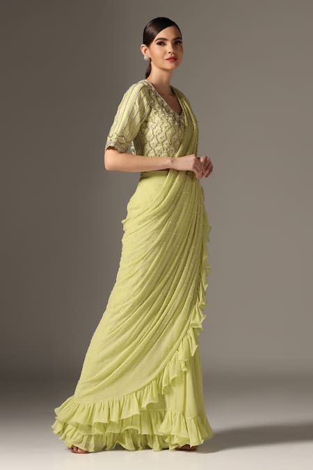 Shop_Yashodhara_Green Chiffon, Silk Cut Work V-neck Cutdana Embroidered Pre-draped Ruffle Saree _Online_at_Aza_Fashions