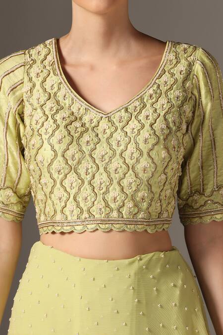 Buy_Yashodhara_Green Chiffon, Silk Cut Work V-neck Cutdana Embroidered Pre-draped Ruffle Saree 