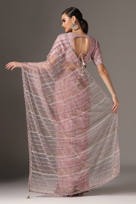 Yashodhara Sequin Cutdana Embroidered Saree With Blouse 