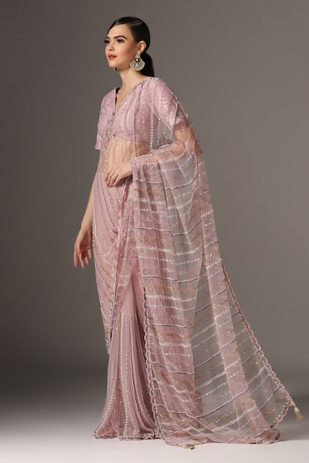 Yashodhara_Purple Silk, Net Cut Work, Sequins V-neck Cutdana Embroidered Saree With Blouse _Online_at_Aza_Fashions