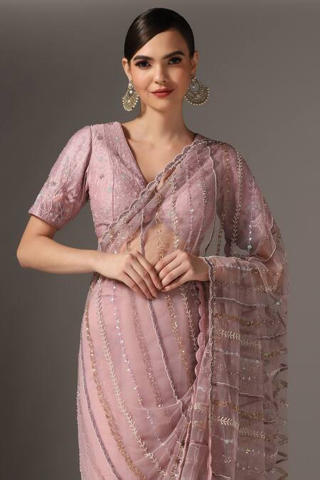Buy_Yashodhara_Purple Silk, Net Cut Work, Sequins V-neck Cutdana Embroidered Saree With Blouse _Online_at_Aza_Fashions