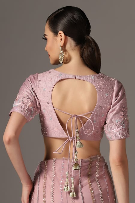 Shop_Yashodhara_Purple Silk, Net Cut Work, Sequins V-neck Cutdana Embroidered Saree With Blouse _Online_at_Aza_Fashions