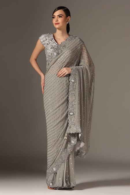 Yashodhara Grey Raw Silk Embroidered Sequin Cutdana Stripe Saree With Blouse  