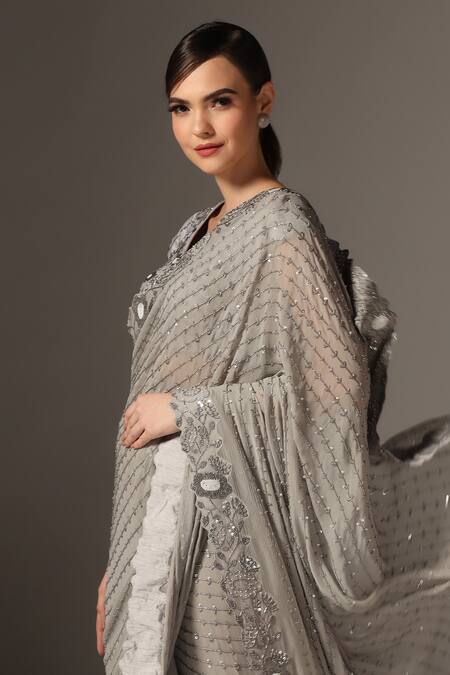 Buy_Yashodhara_Grey Chiffon, Silk Sequins, Cut Cutdana Stripe Embroidered Saree With Blouse _Online_at_Aza_Fashions