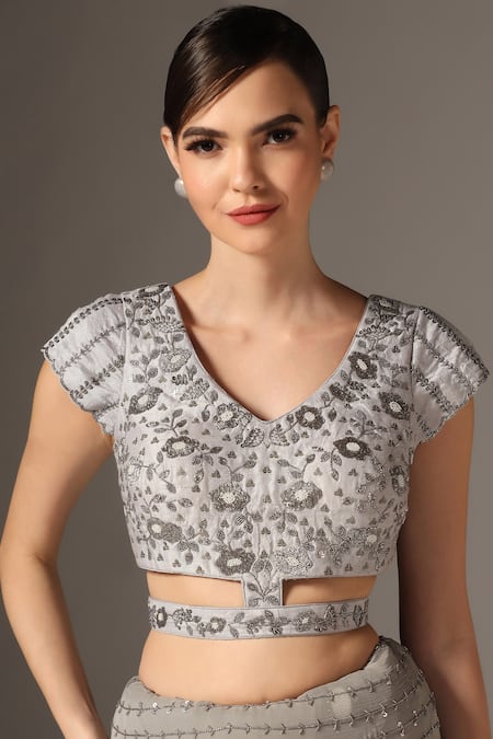 Shop_Yashodhara_Grey Chiffon, Silk Sequins, Cut Cutdana Stripe Embroidered Saree With Blouse _Online_at_Aza_Fashions