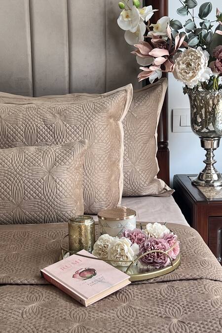 Shop_Sadyaska_Gold Fabric Velvet, Filling 100% Polyester Geometric Quilted Bedspread Set_Online_at_Aza_Fashions