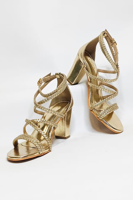 The Alter_Gold Solid Braided Block Heels _at_Aza_Fashions