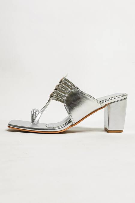 The Alter_Silver Solid Braided Kolhapuri Block Heels _at_Aza_Fashions