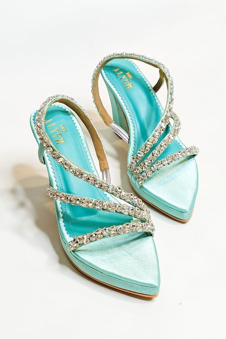 Shop_The Alter_Green Rhinestones Sea Block Heels _Online_at_Aza_Fashions