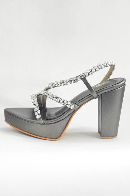 The Alter_Grey Rhinestones Kiara Embellished Block Heels _Online_at_Aza_Fashions