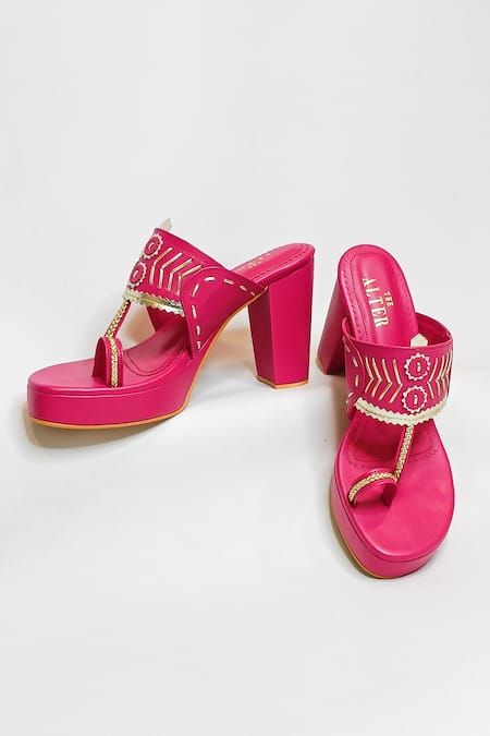 THE ALTER Pink Zyna Solid Braided Kolhapuri Block Heels 