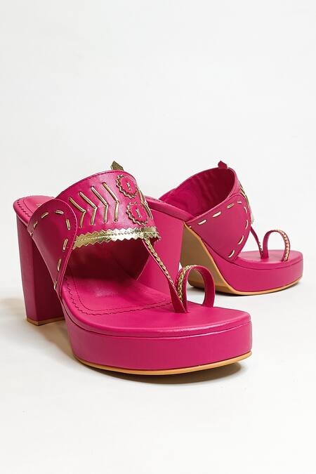 The Alter_Pink Zyna Solid Braided Kolhapuri Block Heels _at_Aza_Fashions