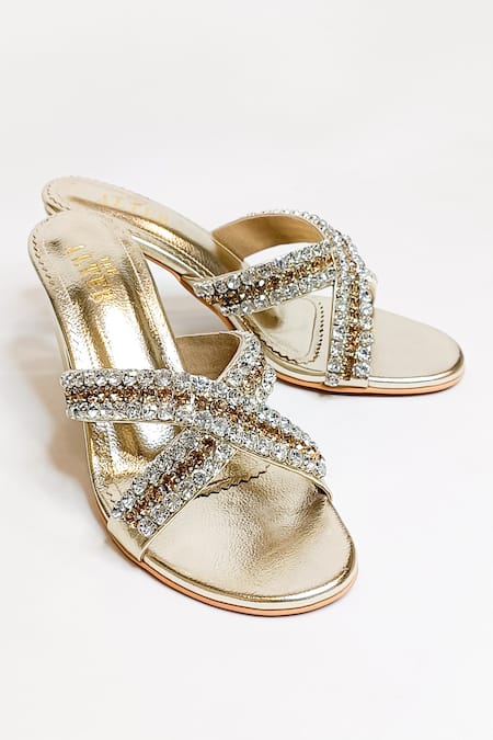 The Alter_Gold Crystals Embellished Block Heels _Online_at_Aza_Fashions