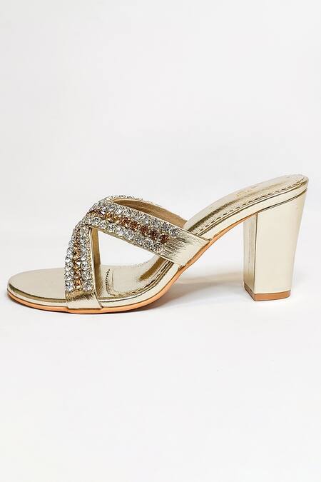 Buy_The Alter_Gold Crystals Embellished Block Heels _Online_at_Aza_Fashions