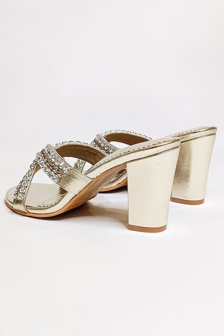 Shop_The Alter_Gold Crystals Embellished Block Heels _Online_at_Aza_Fashions
