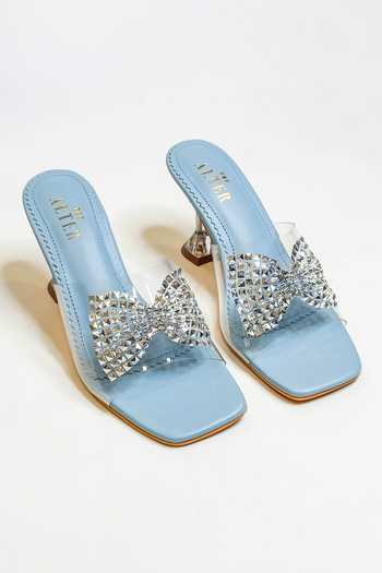 Shop The Alter Blue Studs, Bows Embellished Pyramid Heels at Aza Fashions Shop_The Alter_Blue Studs, Bows Embellished Pyramid Heels _at_Aza_Fashions