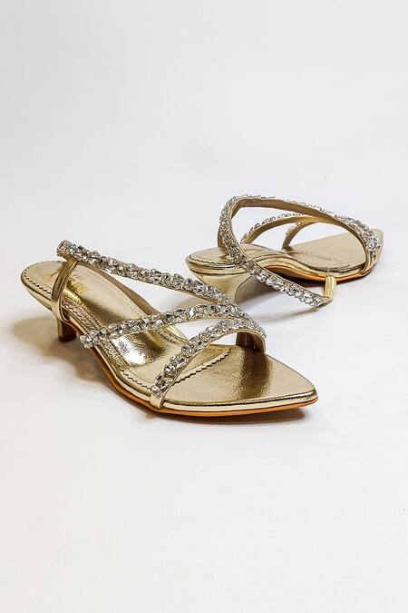 The Alter_Gold Rhinestones Kiara Metallic Embellished Kitten Heels _at_Aza_Fashions