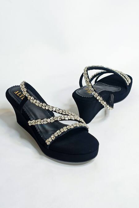 Buy Black Rhinestone Embellished Kiara Strappy Wedges by THE ALTER