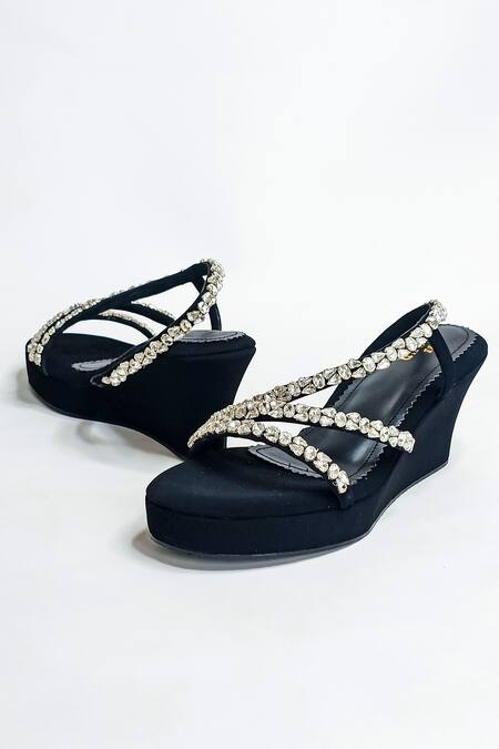 Bolaro Black Rhinestone Wedge Sandals - Pair