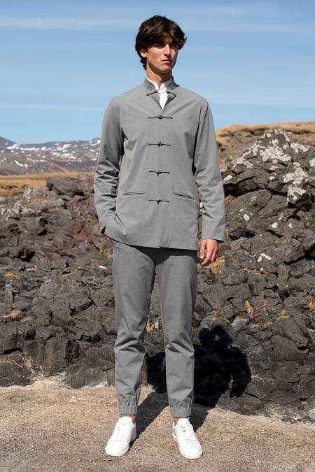 Shop_Dash and Dot_Grey Viscose, Polyester Knotted Jacket _Online_at_Aza_Fashions