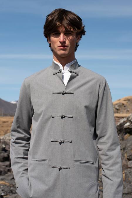 Dash and Dot_Grey Viscose, Polyester Knotted Jacket _at_Aza_Fashions