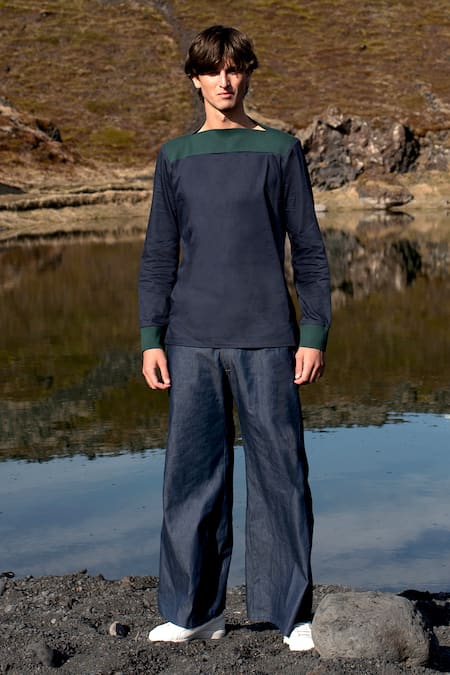 Shop_Dash And Dot_Blue Cotton Color Block Pattern Tee _Online_at_Aza_Fashions