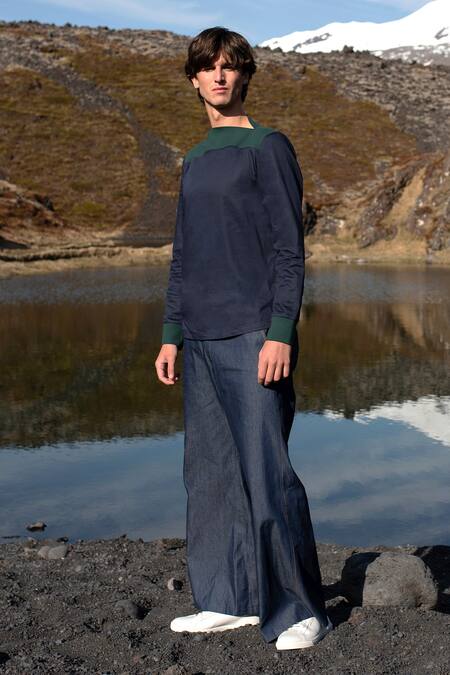 Dash And Dot_Blue Cotton Color Block Pattern Tee _at_Aza_Fashions