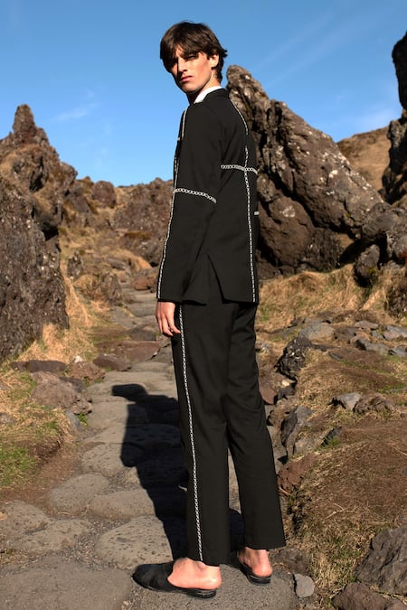 Shop Dash And Dot Black Lycra, Viscose, Polyester Embroidery Cross Stitch Jacket at Aza Fashions Shop_Dash And Dot_Black Lycra, Viscose, Polyester Embroidery Cross Stitch Jacket _at_Aza_Fashions