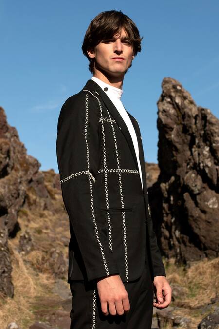 Dash And Dot Black Lycra, Viscose, Polyester Embroidery Cross Stitch Jacket at Aza Fashions Dash And Dot_Black Lycra, Viscose, Polyester Embroidery Cross Stitch Jacket _at_Aza_Fashions