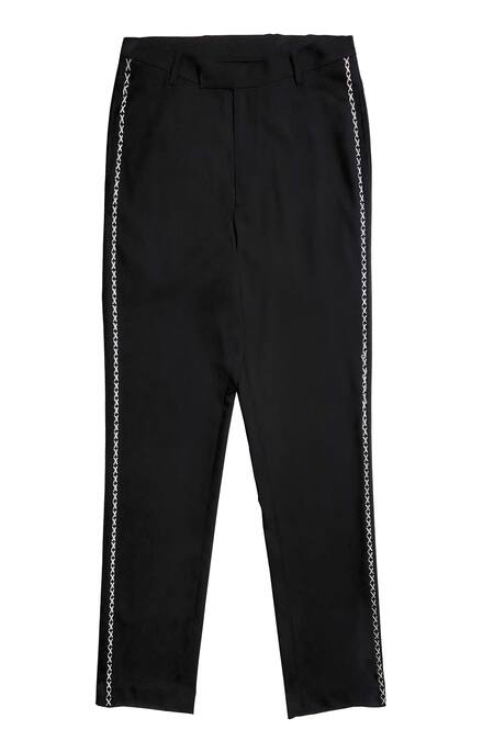 Dash And Dot_Black Viscose, Polyester, Lycra Embroidery Cross Stitch Pant _Online_at_Aza_Fashions