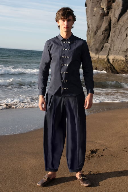 Shop_Dash And Dot_Blue 62.8% Viscose Plain Box Pleated Harem Pant  _Online_at_Aza_Fashions