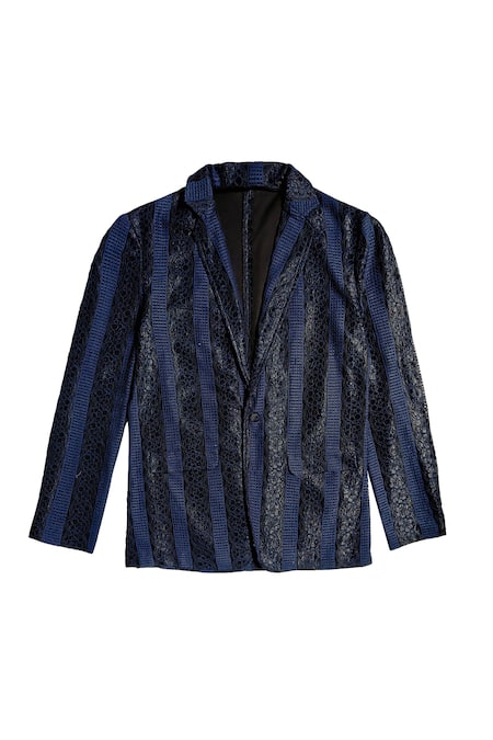 Dash And Dot_Blue Polyester Lace Stripe Pattern Blazer _Online_at_Aza_Fashions